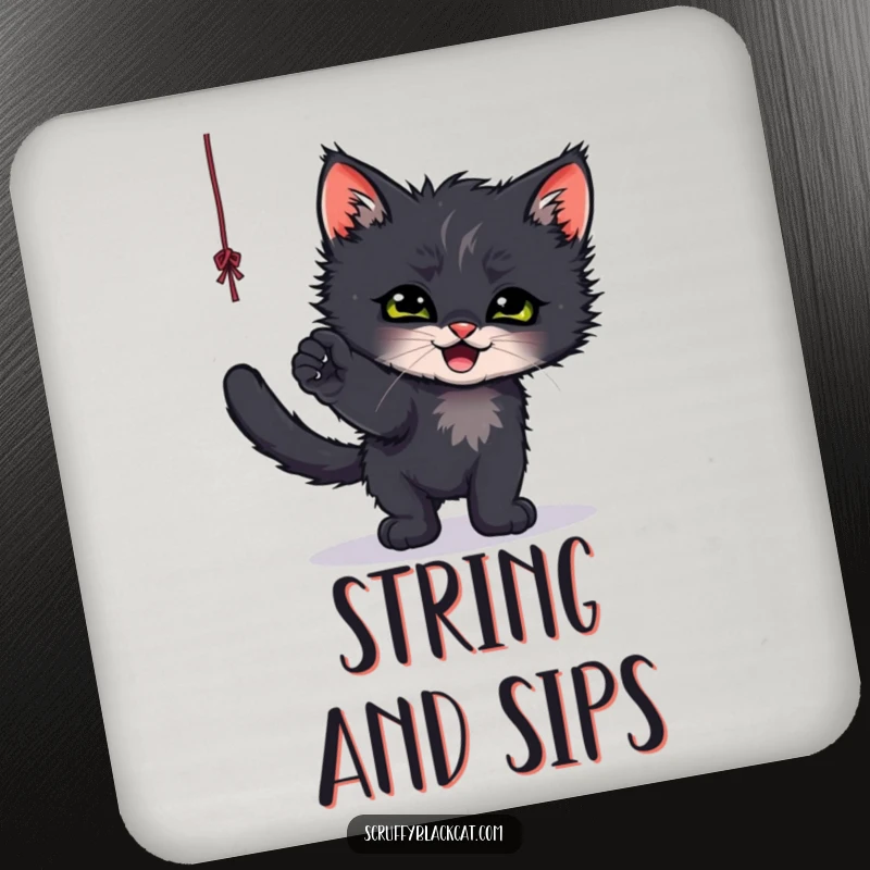 Funny drink coaster featuring a scruffy black kitten batting playfully at a dangling string, ideal for surface protection.