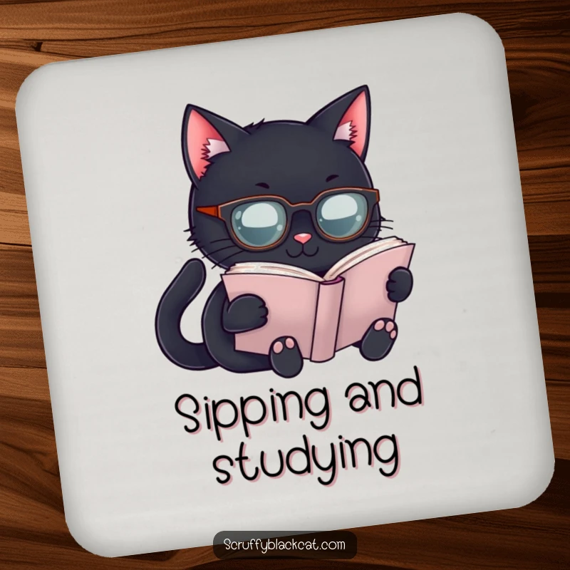Funny Scholar Cat Drink Coaster: Depicts a black cat in spectacles reading, a fun and funny home gift.