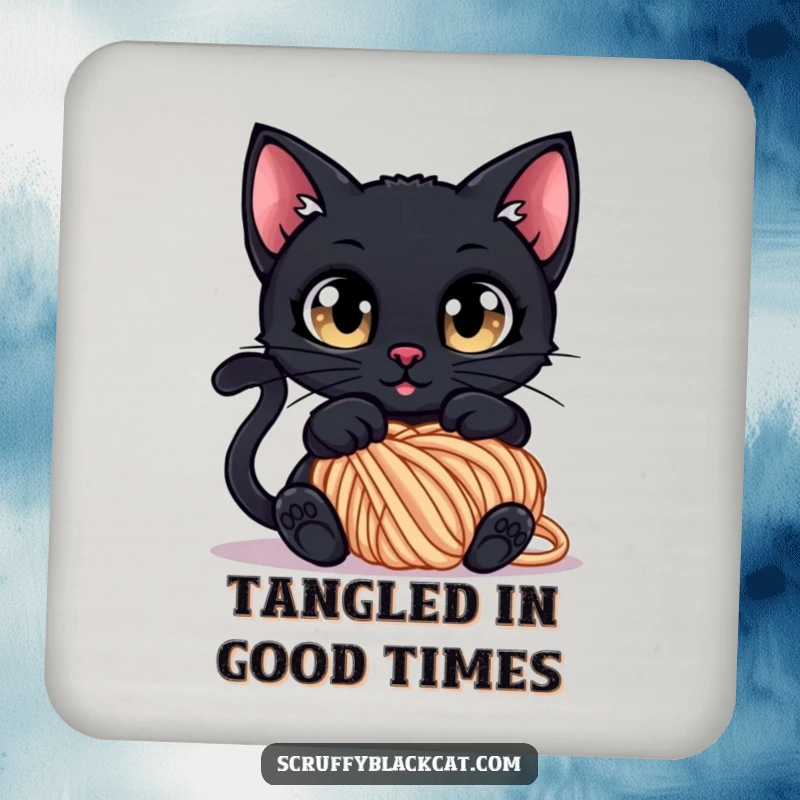 Funny Coaster: A black cat with wide, curious eyes tangled in a ball of yarn, adding playful protection.