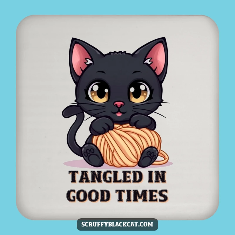 Funny Tangled Cat Coaster: Curious Black Cat in Yarn, Protect Surface Funny Gift