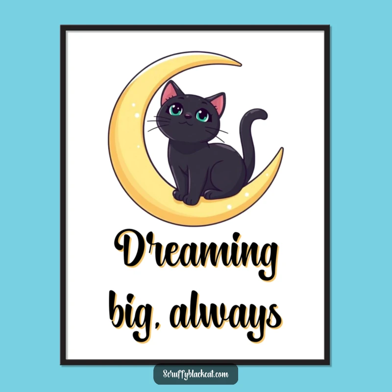 Adorn your walls with this funny poster, featuring a bold black cat gazing from a crescent moon. A touch of cosmic wonder and humor for your space.