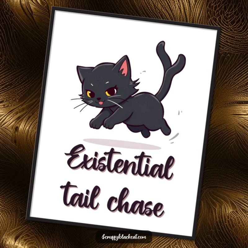 Funny Cat Poster depicting a black cat's dizzying, playful chase after its tail, adding humor and charm to wall decor.