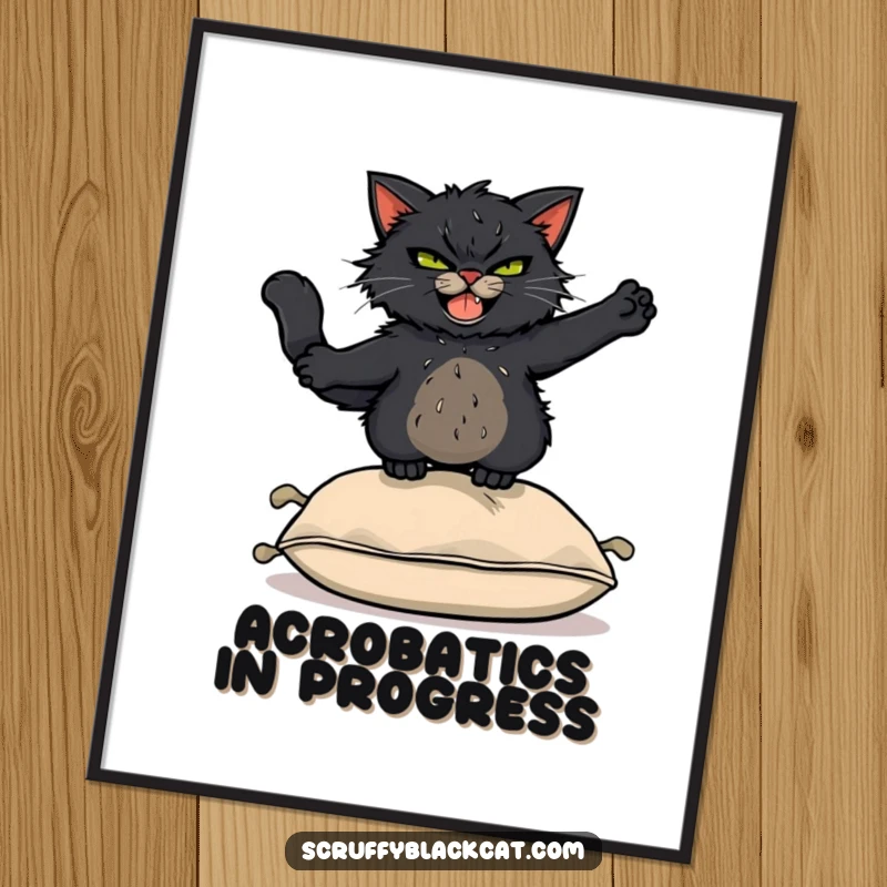 Funny Poster: Scruffy black cat with a mischievous grin leaping acrobatically over a cushion, showcasing dynamic feline movement.