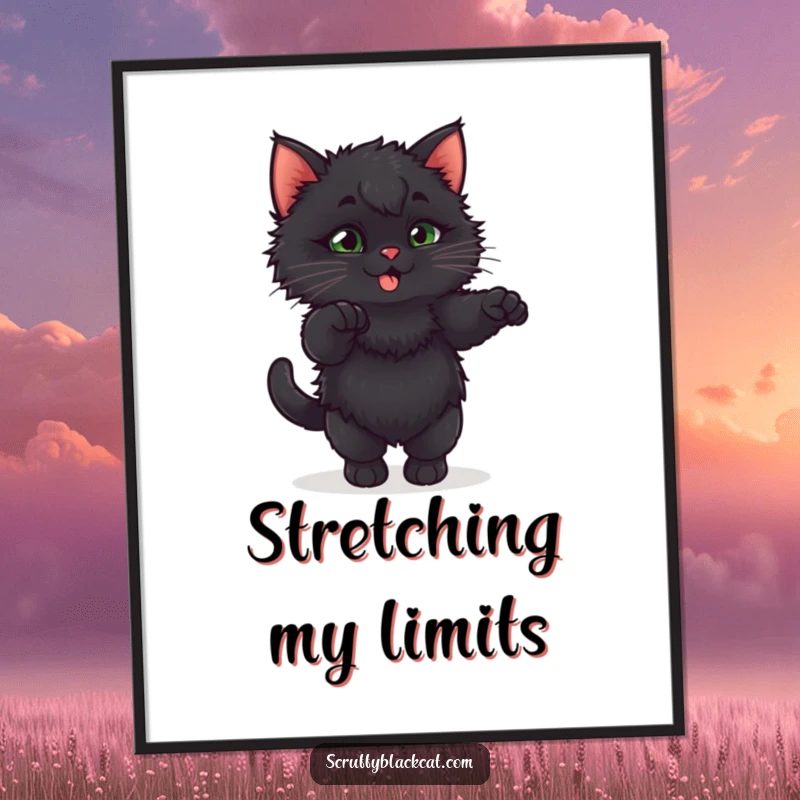 Funny fluffy black kitten in a playful, exaggerated stretch, displayed as a charming poster.