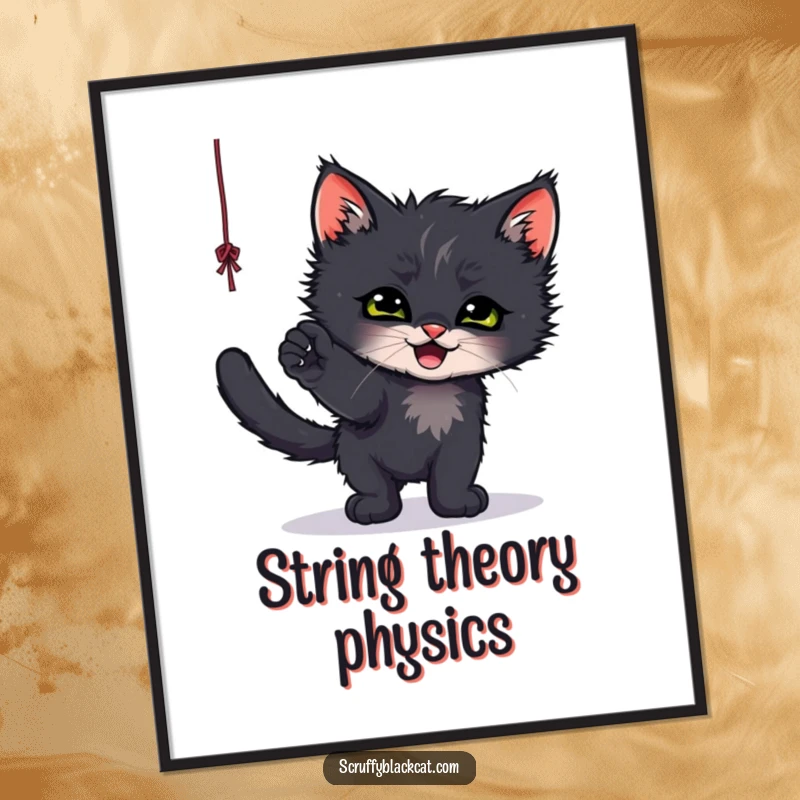 Funny poster art of a scruffy black kitten intensely focused on batting a dangling string, capturing playful curiosity.