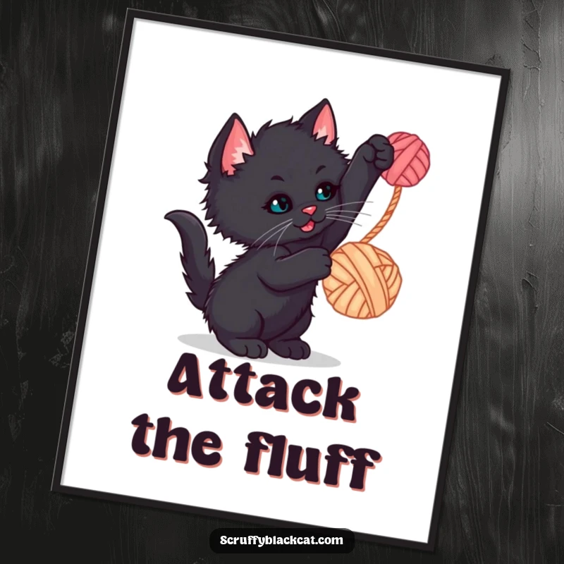 Funny kitten poster depicting a scruffy black kitten batting playfully at a dangling yarn ball, a humorous and adorable artwork.