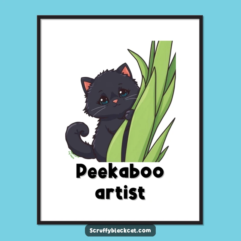 Funny Peek-a-Boo Cat Poster: Fluffy Black Cat Behind Plant, Charming Funny Art
