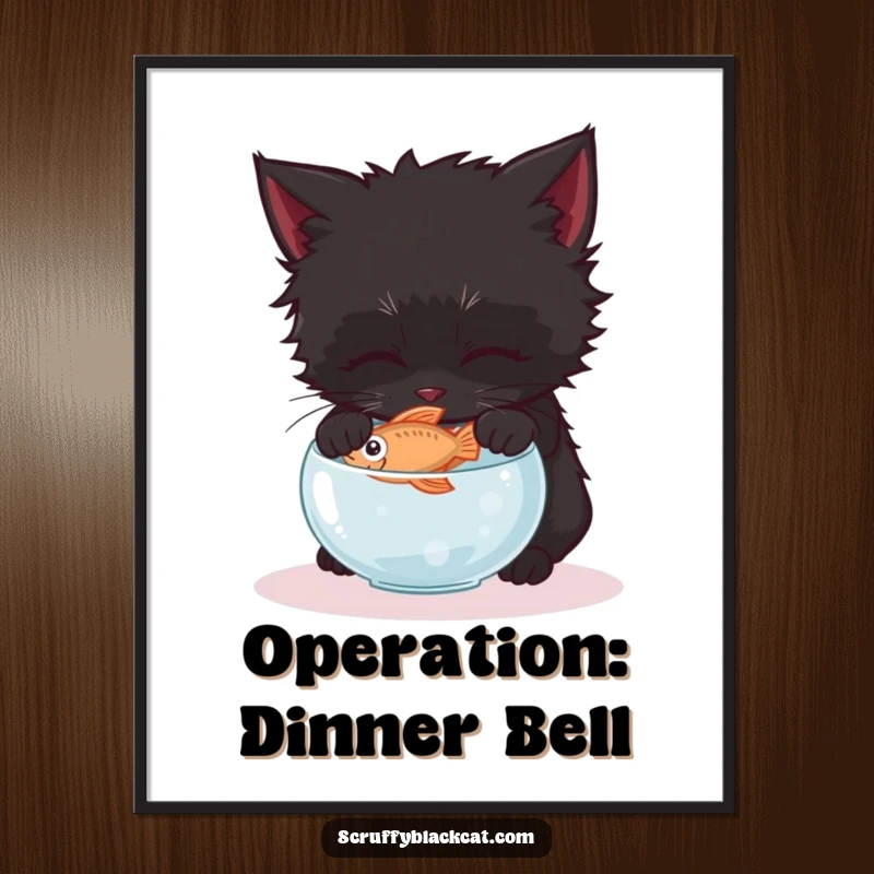 Funny scruffy black kitten poster, gently attempting to steal a fish from a tiny bowl with intense, focused eyes.