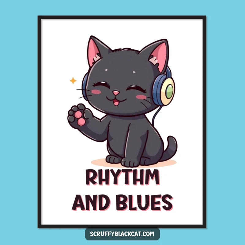 Funny DJ Cat Poster: Black Cat Headphones, Whimsical Music Art Gift