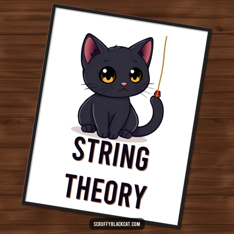Funny black cat poster of a sleek cat with large, round eyes playfully batting at a dangling string, radiating pure feline amusement.