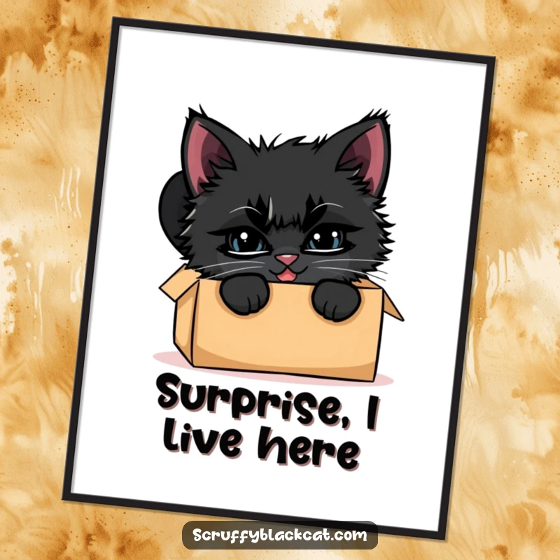Funny scruffy black kitten poster, peeking out from a cardboard box with a wide, mischievous grin, inviting curiosity.