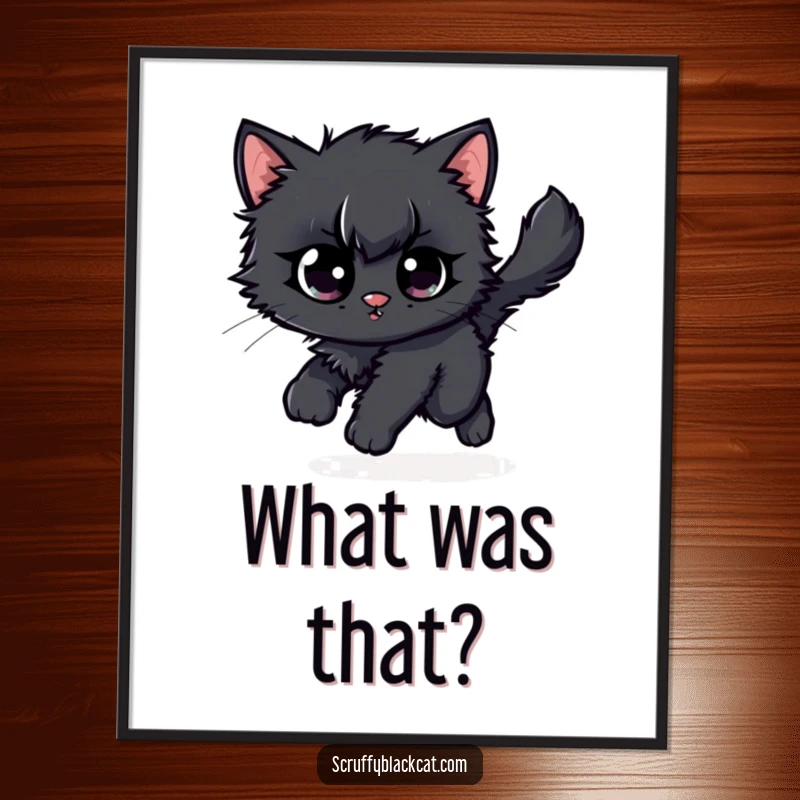 Funny scruffy black kitten poster, wide-eyed and comically chasing its own fluffy tail in a dynamic, humorous illustration.