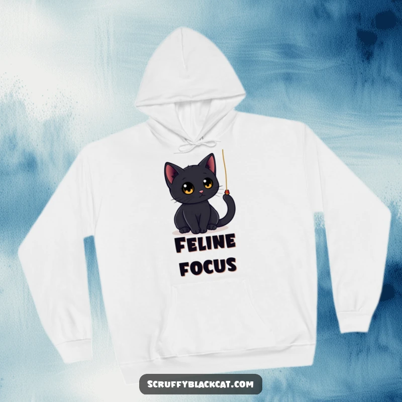 Funny black cat hoodie featuring a sleek cat with large, round eyes playfully batting at a dangling string, ideal for cozy, cat-themed wear.