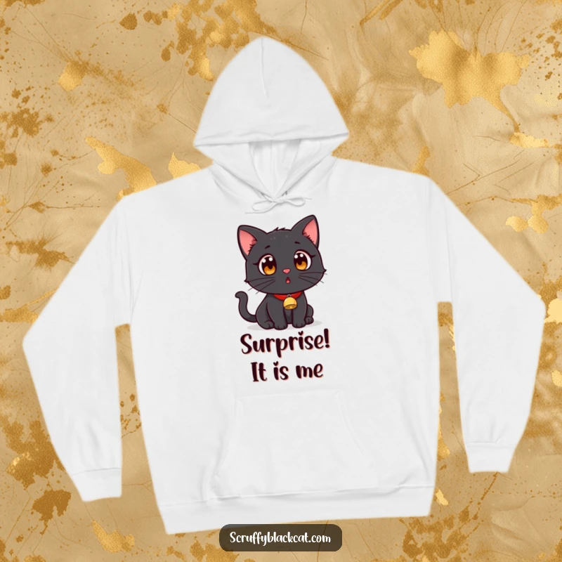 Funny black cat wearing a tiny bell collar, looking surprised on a warm, cozy hoodie.
