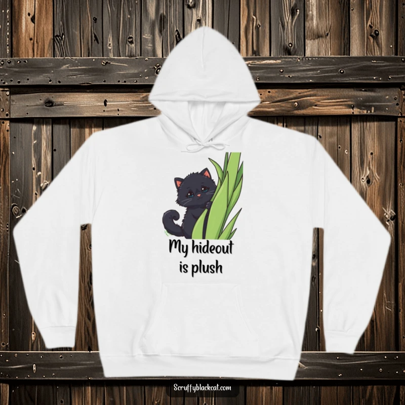 Funny Hoodie: A fluffy black cat with a curled tail peeking out from behind a tall plant, offering a glimpse of cuteness.