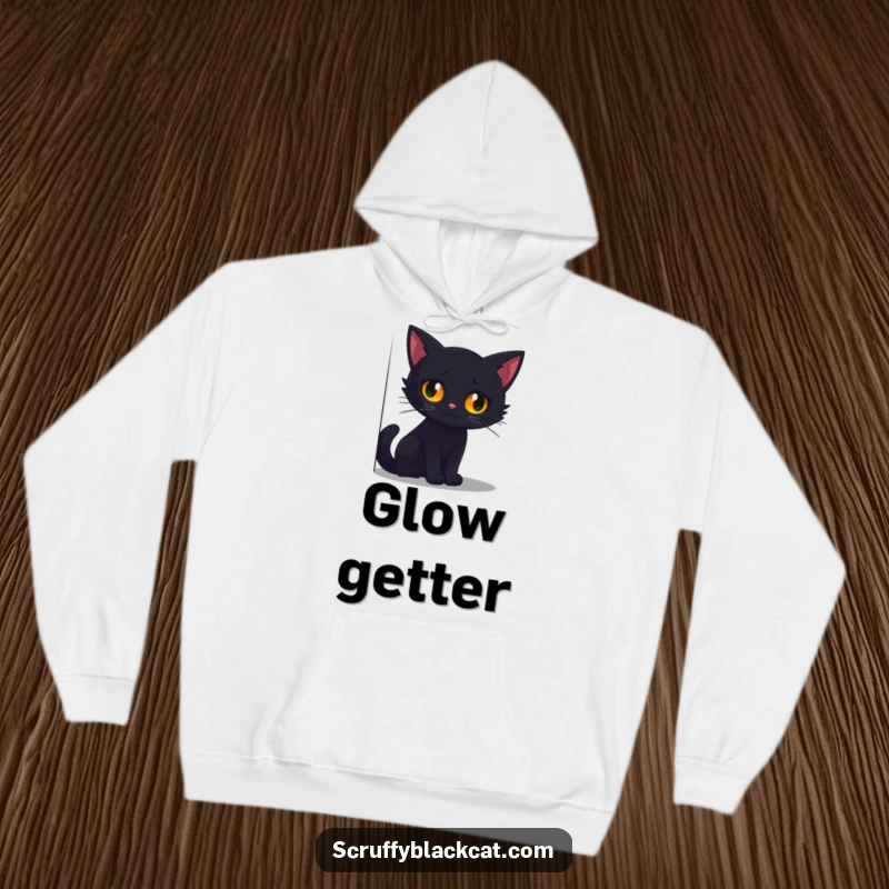 Funny hoodie displaying a black cat with captivating, glowing eyes emerging from its hiding spot in a shadowy corner.