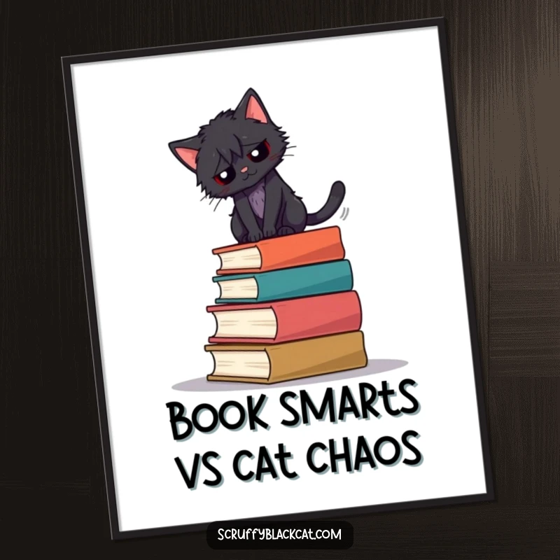 Funny Free Printable Wall Art: A scruffy black cat in a comical pose, balancing expertly on a tall stack of classic novels.