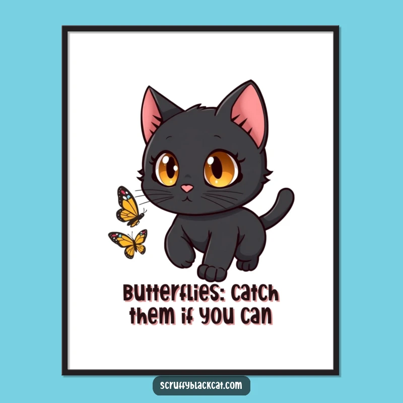 Funny Free Printable Wall Art: Curious Cat Chasing Butterfly - Downloadable Art