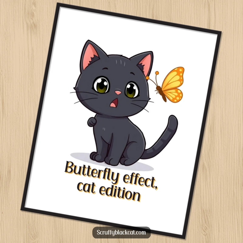 Funny Free Printable Wall Art: Black cat with a comically surprised expression, eyes wide, chasing a bright butterfly.