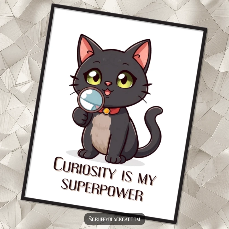 Funny Free Printable Wall Art: Confident black cat holding a magnifying glass, intently searching for something with a curious expression.