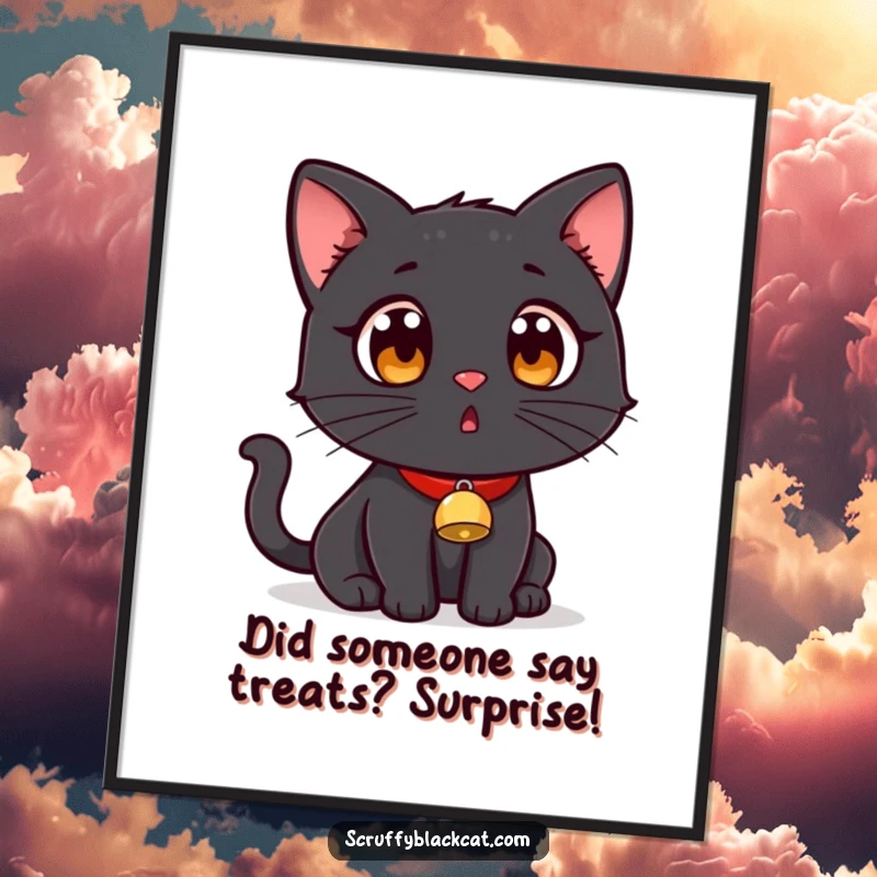 Funny Free Printable Wall Art: A black cat in a tiny bell collar, caught in a moment of comical surprise. Quirky downloadable decor.