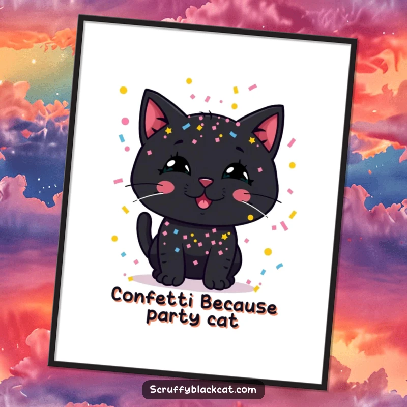 Funny Free Printable Wall Art: A black cat with an ecstatic silly grin, covered in a vibrant explosion of confetti.