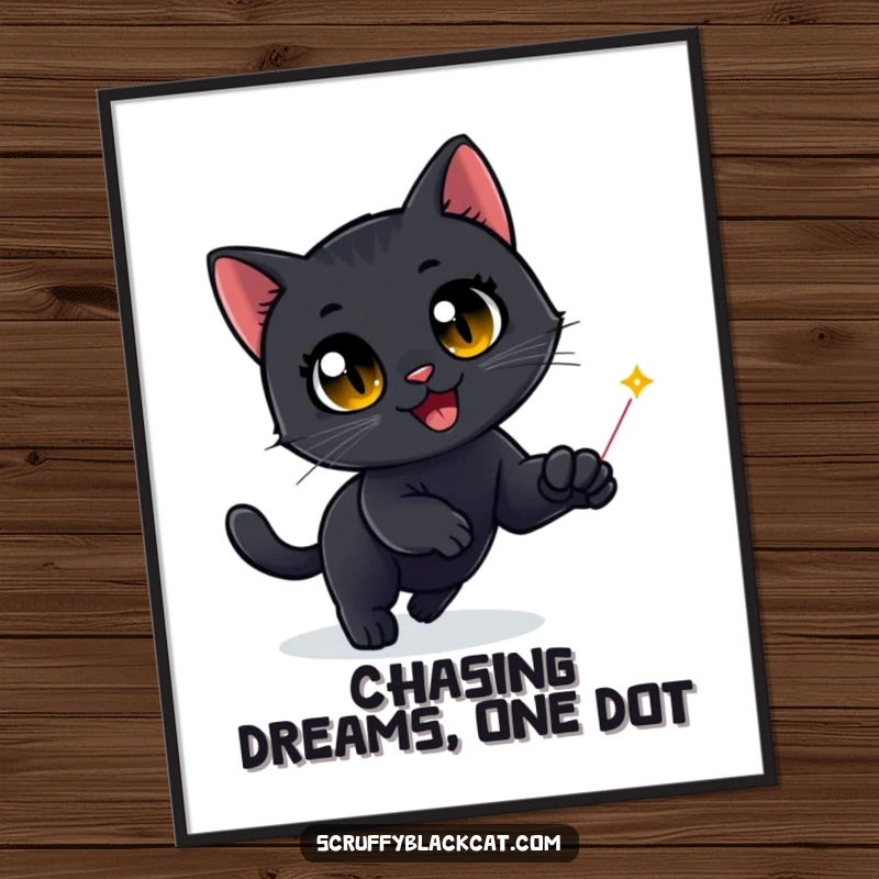 Funny Free Printable Wall Art: Black cat with ecstatic eyes chasing a red laser dot across the floor, pure joy.