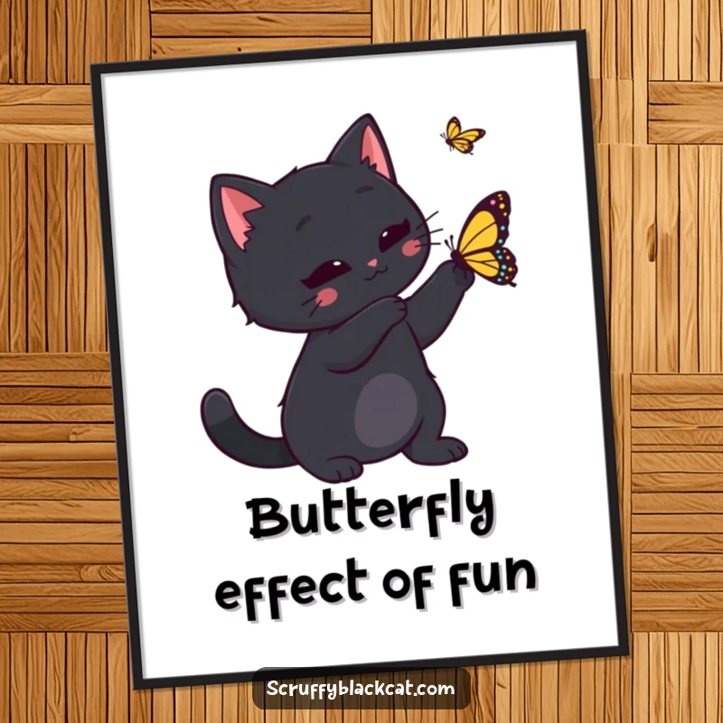 Funny Free Printable Wall Art: Black cat playfully swats at a colorful butterfly, whimsical room decor.