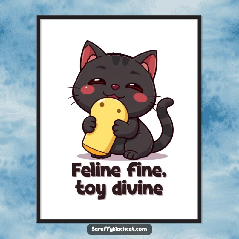 Funny Free Printable Wall Art: A black cat victoriously holds a squeaky toy, radiating pure joy and accomplishment.