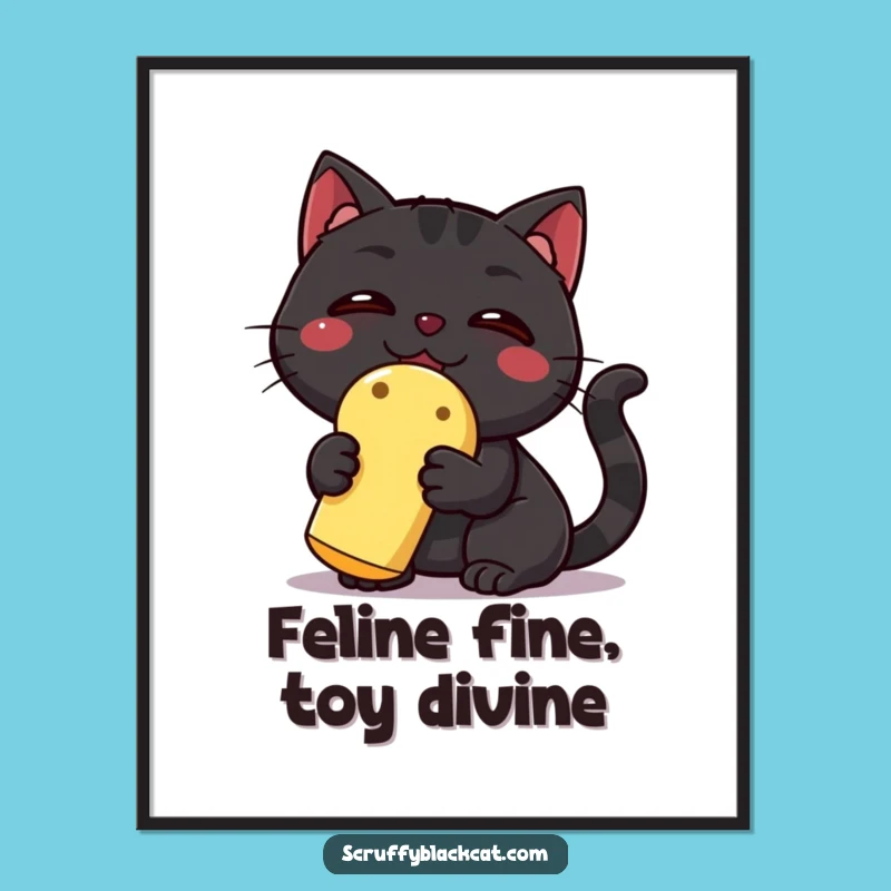 Funny Free Printable Wall Art: Triumphant Cat with Squeaky Toy Downloadable Decor