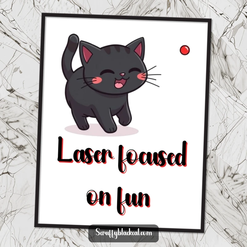 Funny Free Printable Wall Art: A black cat in full chase, eyes locked on a tiny red laser pointer dot.