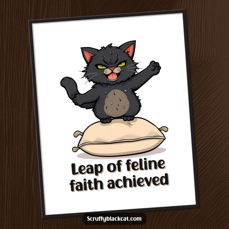 Funny Free Printable Wall Art: Scruffy black cat with a mischievous grin, mid-leap over a cushion, dynamic action.