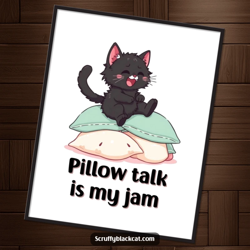 Free Printable wall art: A scruffy black kitten in mid-air, leaping with pure joy onto a luxurious pile of soft, inviting pillows.