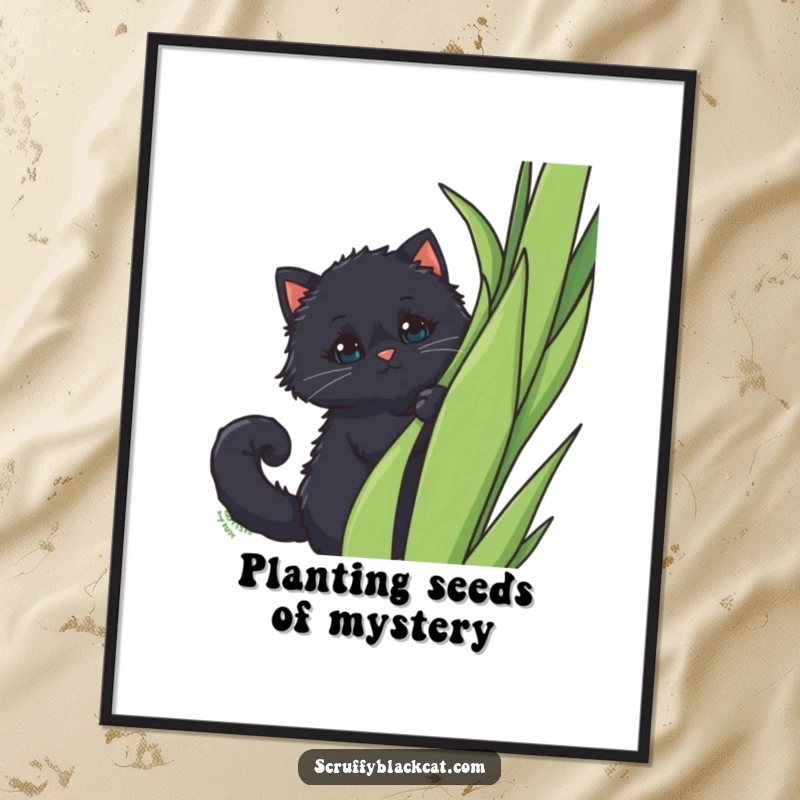 Funny Free Printable Wall Art: Fluffy black cat with a curled tail peeking from behind a tall green plant, looking playful.