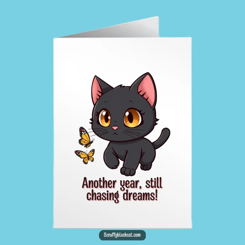 Funny Free Printable Birthday Card: Curious Black Cat Chasing Butterfly - Downloadable Gift
