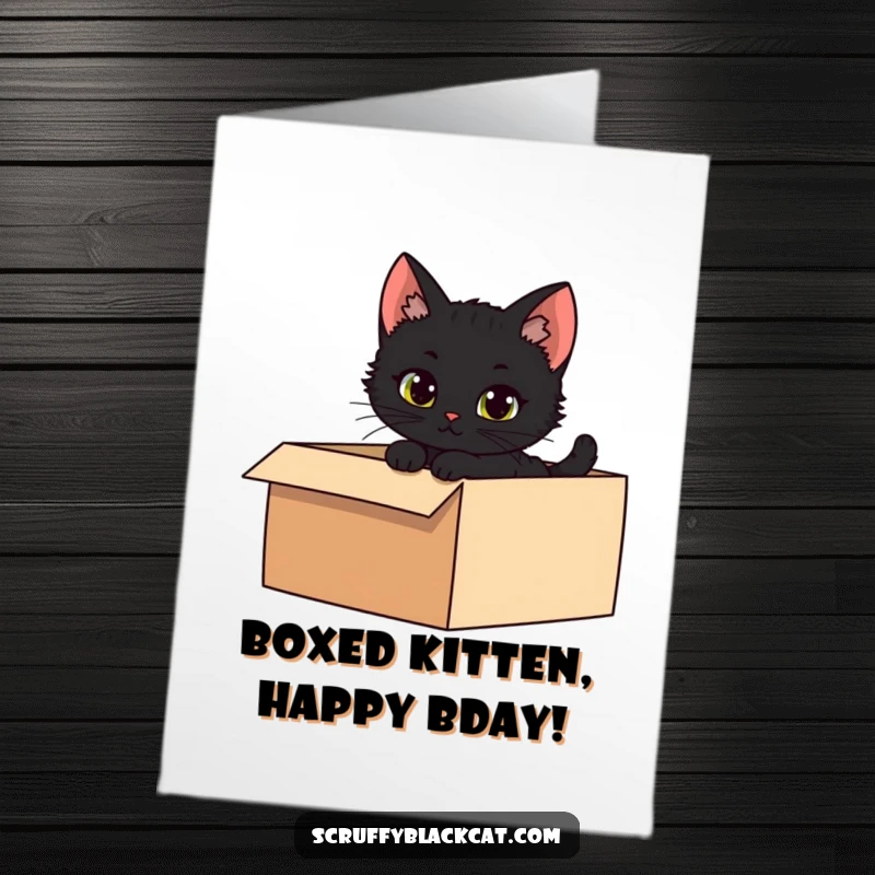 Funny Free Printable Birthday Card: A mischievous black kitten peeks from a dark box, a fun DIY gift.
