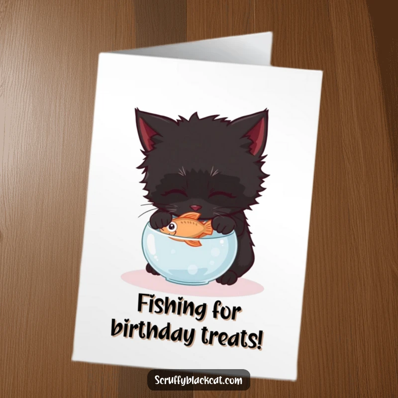 Funny Free Printable birthday card: A scruffy black kitten gently tries to stealthily steal a fish from a tiny, clear bowl.