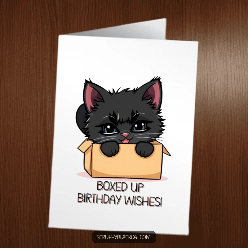 Funny Free Printable birthday card: A scruffy black kitten with a wide, mischievous grin peeks out from a plain cardboard box.