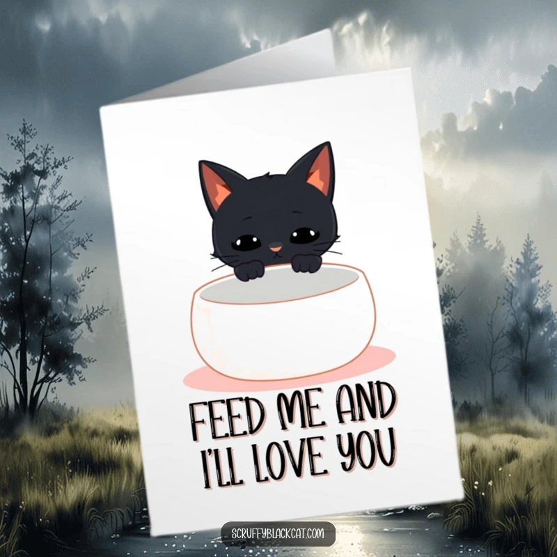 Funny Free Printable Birthday Card: Black cat staring intently at an empty food bowl, mouth open in a loud meow.