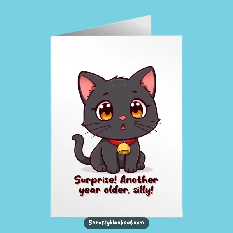 Funny Free Printable Birthday Card: Surprised Cat with Bell - Downloadable Gift