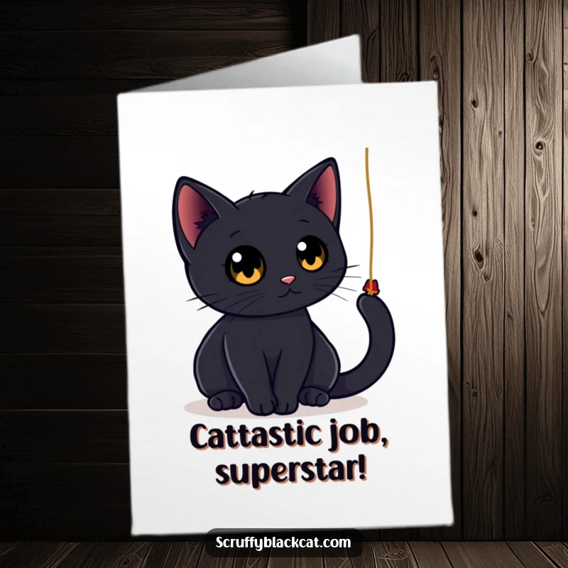 Free Printable Congratulations Card: A sleek black cat with big eyes playfully bats at a dangling string, a funny downloadable.
