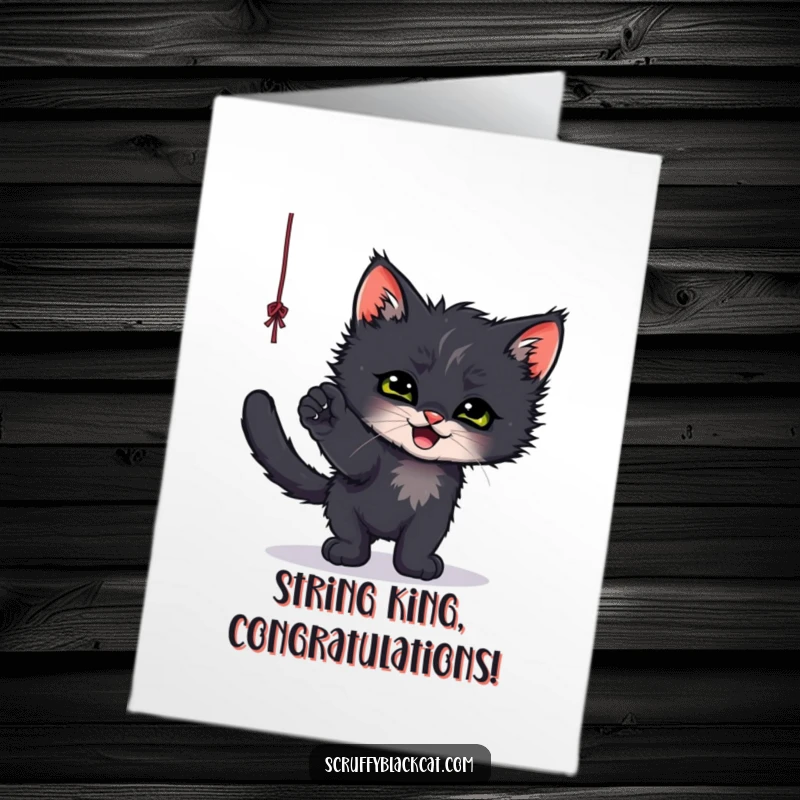 Free Printable Congratulations Card: A scruffy black kitten plays with a string, a cute DIY gift.
