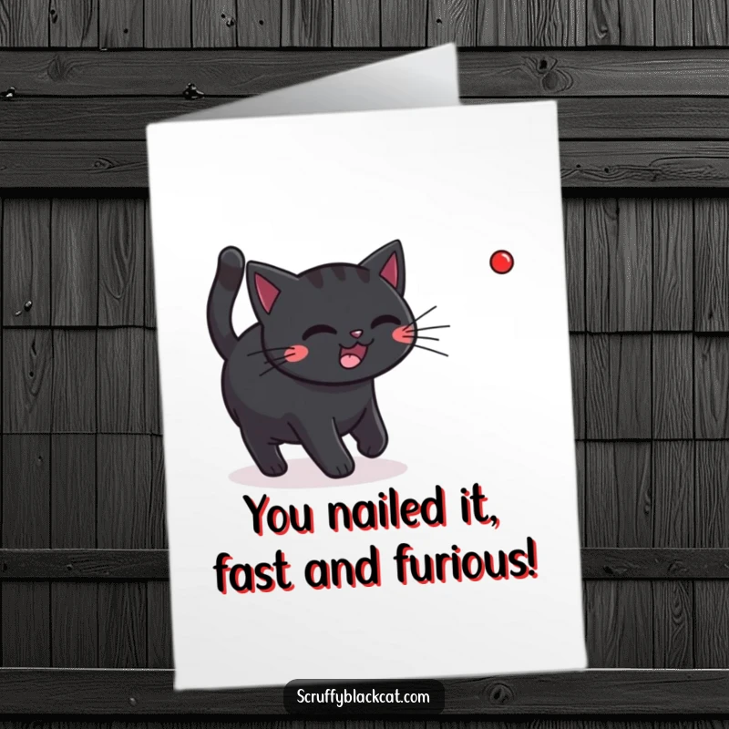 Free Printable Congratulations Card: A joyful black cat leaping and focused on a tiny red laser pointer dot.