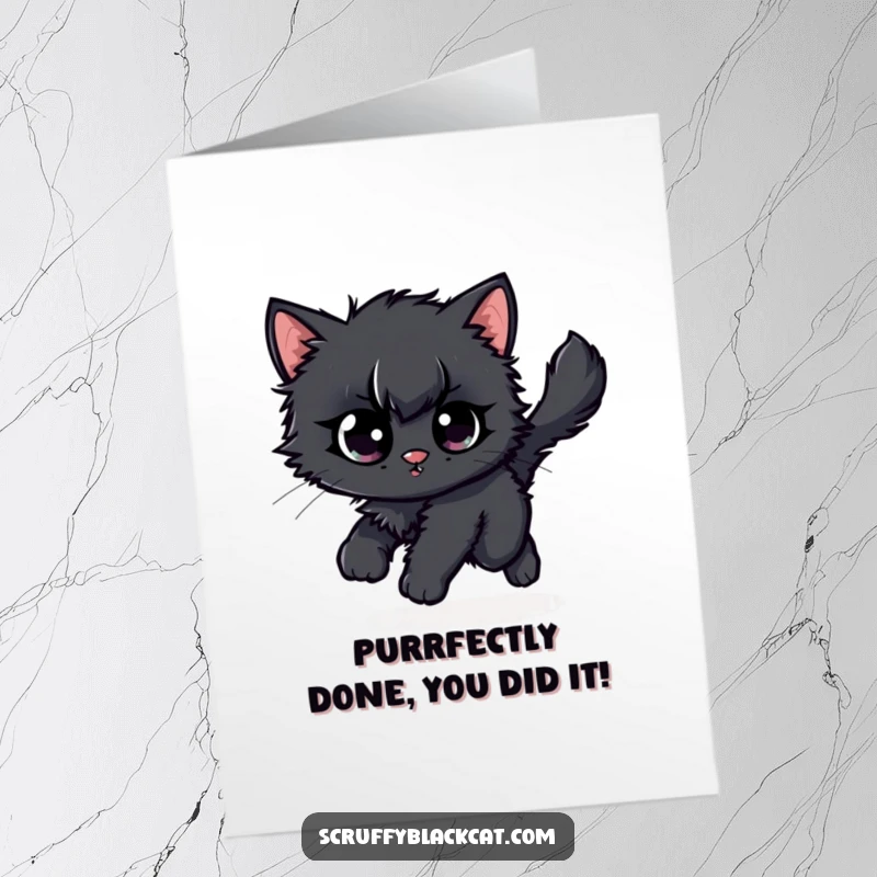 Free Printable congratulations card: A scruffy black kitten with huge eyes spins wildly, chasing its own fluffy tail in pure delight.