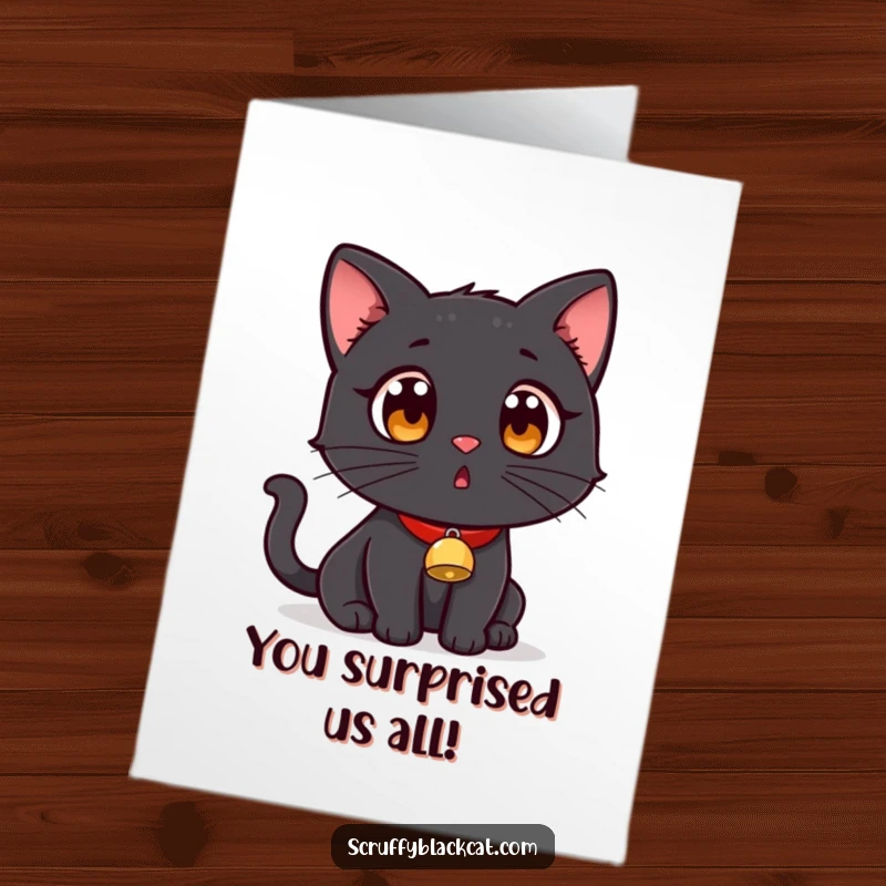 Funny Free Printable Congratulations Card: A black cat in a tiny bell collar, looking utterly surprised. Downloadable celebration art.
