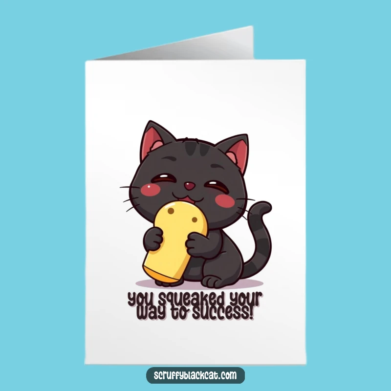 Free Printable Congrats Card: Victorious Black Cat and Squeaky Toy Downloadable