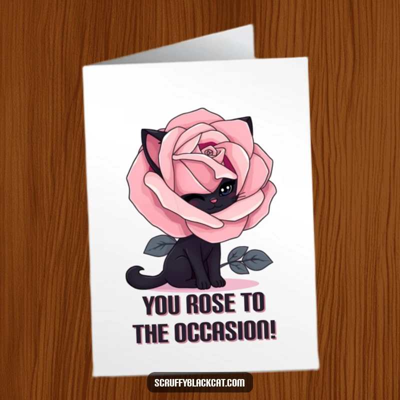 Funny Free Printable Congrats Card: A shy black cat peeks from behind a vibrant gothic rose, perfect for congratulations.