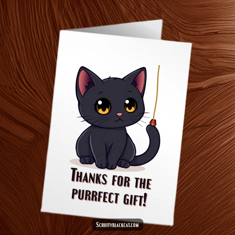 Funny Free Printable Thank You Card: A sleek black cat with large round eyes playfully bats at a dangling string, a humorous downloadable.