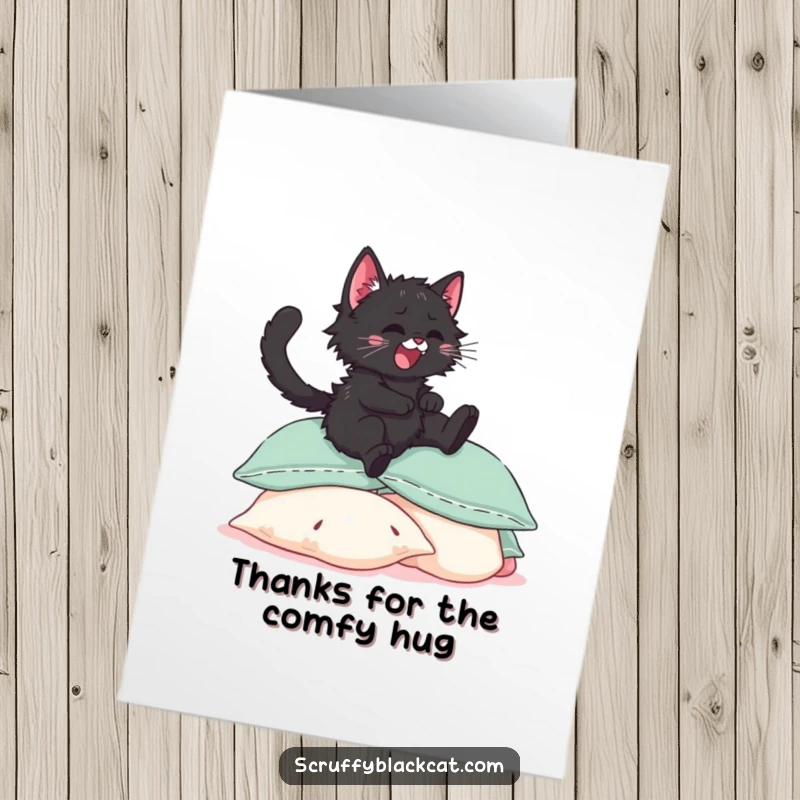 Funny Free Printable thank you card: A scruffy black kitten springs with pure joy onto a cloud of soft pillows in mid-air.