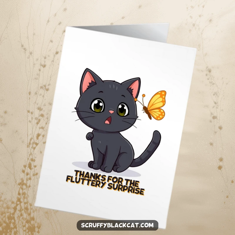 Funny Free Printable Thank You Card: Black cat with surprised eyes, playfully chasing a fluttering butterfly, showing delight.